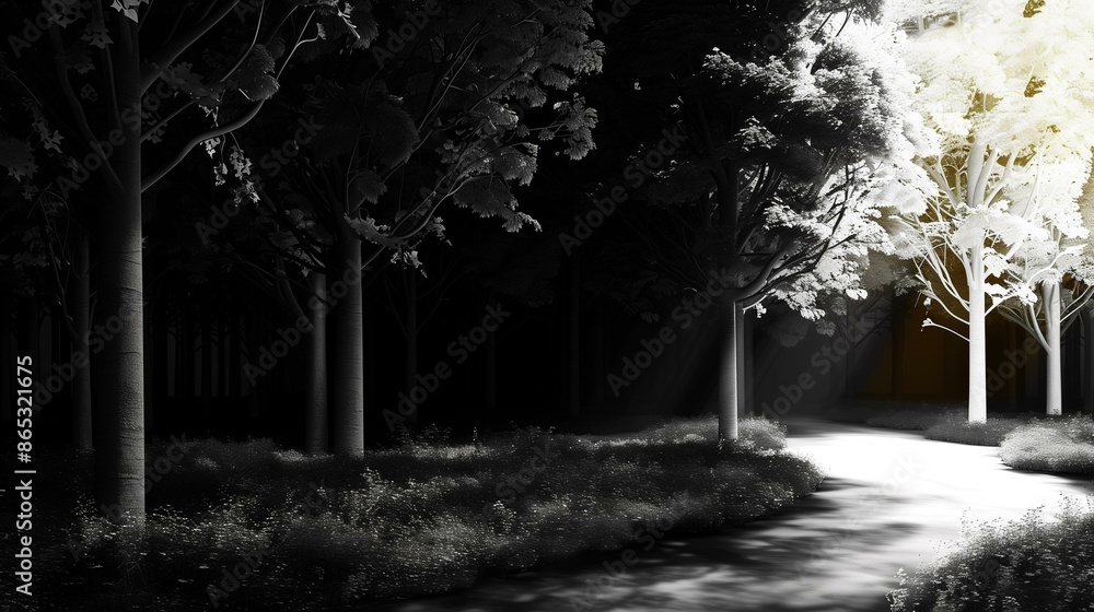 Obraz premium Black white forest with bright light at end path, discover hope explore journey