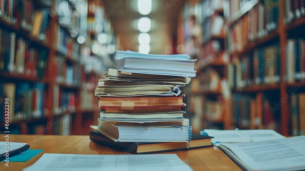 A stack of papers and books on the desk, representing study work or production for university students in an office or library with a blurred background.