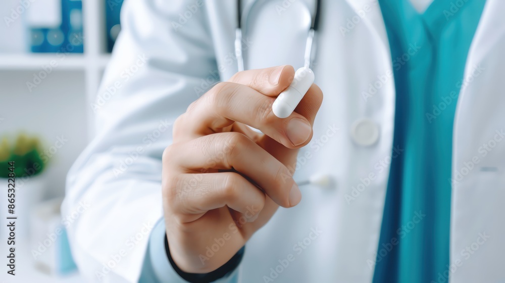 Close-up of hand taking a pill with the background of a doctor's office, Acid Reflux, Medical Treatment Close-up of hand taking a pill with the background of a doctor's office, Acid Reflux, Medical Treatment