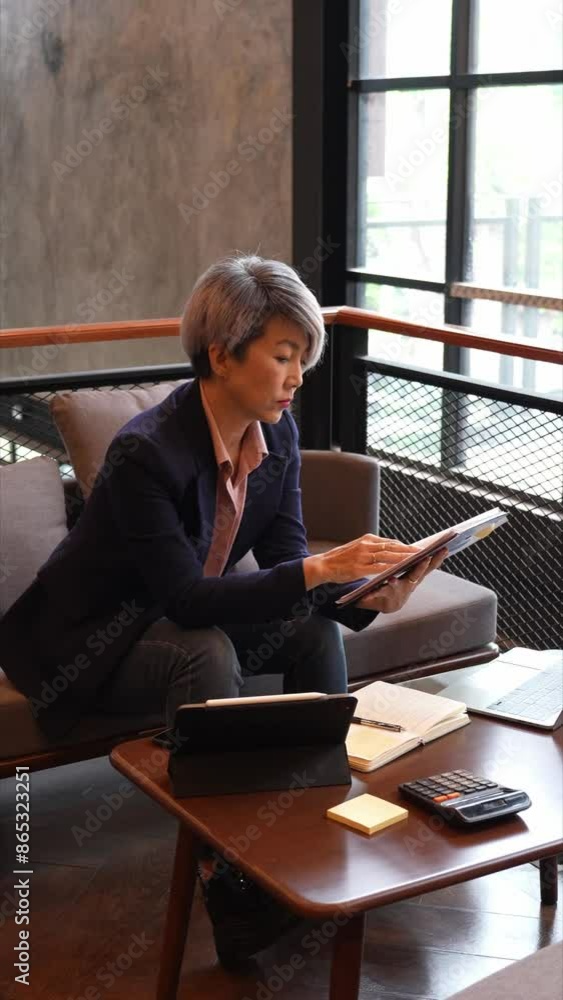 A woman with short grey hair sits on a couch in a cafe. She wears a navy blazer and a pink shirt, holding documents and looking stressed A woman with short grey hair sits on a couch in a cafe. She wears a navy blazer and a pink shirt, holding documents and looking stressed