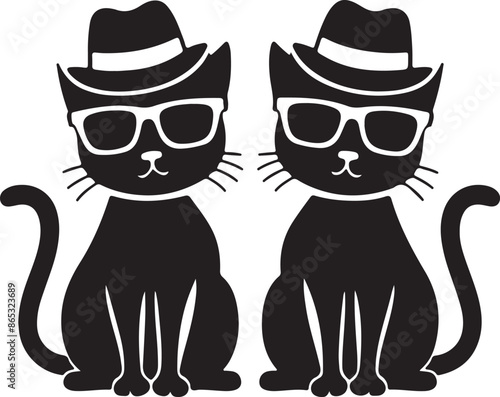 A picture of two cats sitting in sunglasses and wearing hats silhouette vector illustration8.eps, A picture of two cats sitting in sunglasses and wearing hats silhouette vector illustration