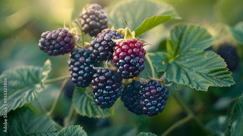 Blackberries in their natural setting, showcasing the rich color and texture of these dark purple fruits growing on lush green leaves. Blackberries in their natural setting, showcasing the rich color and texture of these dark purple fruits growing on lush green leaves.