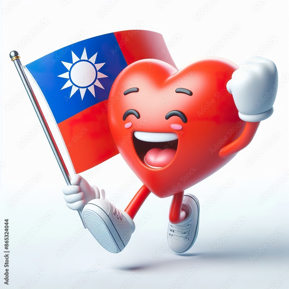 3D image of a heart cartoon character holding a Taiwan flag, happy overjoyed 3D image of a heart cartoon character holding a Taiwan flag, happy overjoyed