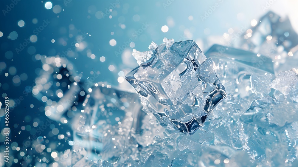 Crisp and refreshing blue background with ice cubes scattered across the surface, creating an atmosphere of coolness and clarity