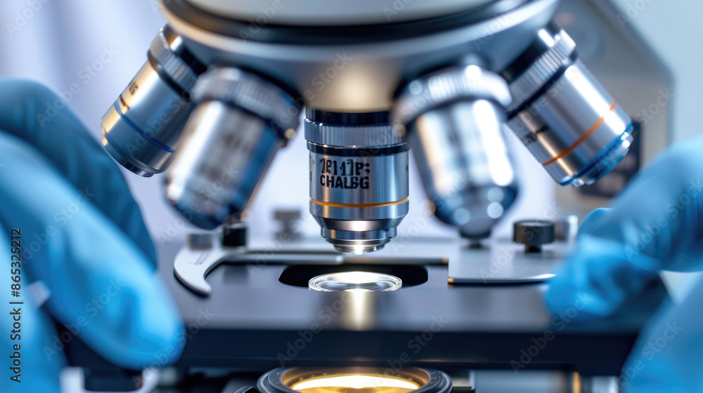 A close-up of the microscope's lens, with scientist hands wearing blue gloves holding it over an empty plate in a laboratory setting A close-up of the microscope's lens, with scientist hands wearing blue gloves holding it over an empty plate in a laboratory setting