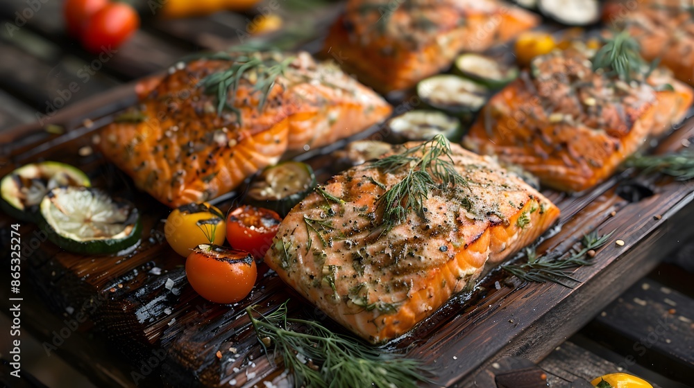 Fresh salmon fillets, gently seasoned with dill and lemon, grilling to perfection on a cedar plank. The fish's surface crisps beautifully while it remains moist and flavorful inside. Fresh salmon fillets, gently seasoned with dill and lemon, grilling to perfection on a cedar plank. The fish's surface crisps beautifully while it remains moist and flavorful inside.