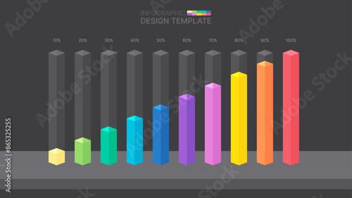 Colourful slim chart bars template, clear infographic set from 10%-100%. Flat design elements for app UI UX, web banners, buttons, and vector illustrations on a dark background.