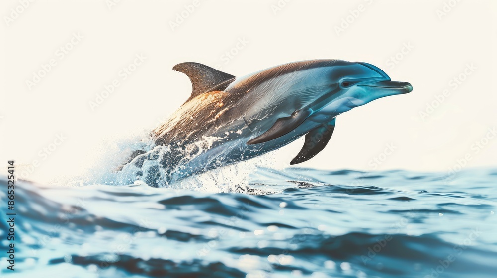 Fototapeta premium Beautiful dolphin gliding through the water against a white backdrop, symbolizing freedom and tranquility in the ocean