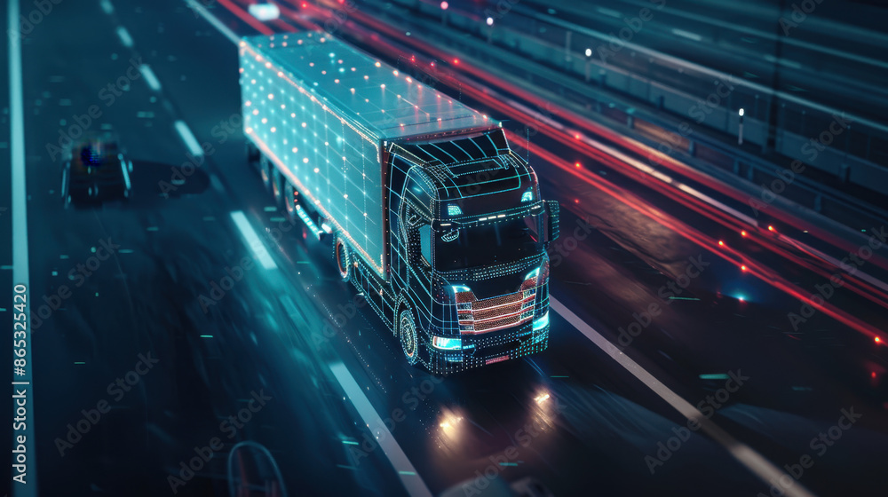 Fototapeta premium Futuristic autonomous truck driving on a digital highway at night with neon lights and high-tech graphics