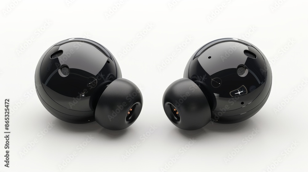 Wireless Earbuds: Illustrate a pair of wireless earbuds isolated on a transparent background. Highlight their compact design and advanced features. Wireless Earbuds: Illustrate a pair of wireless earbuds isolated on a transparent background. Highlight their compact design and advanced features.