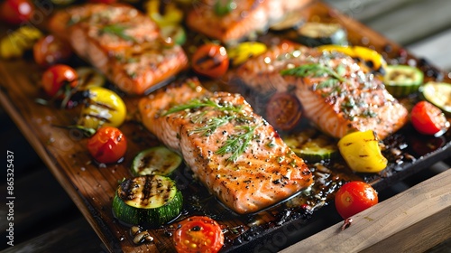 Fresh salmon fillets, gently seasoned with dill and lemon, grilling to perfection on a cedar plank. The fish's surface crisps beautifully while it remains moist and flavorful inside.