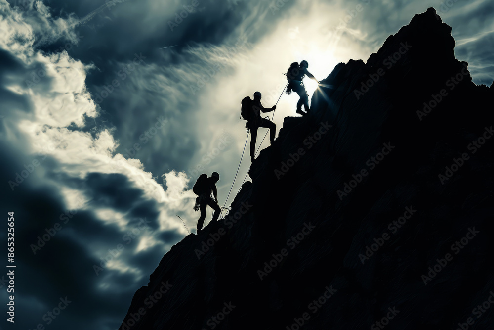 Silhouetted climbers ascending steep mountain slope with dramatic sky. Adventure and outdoor activities Silhouetted climbers ascending steep mountain slope with dramatic sky. Adventure and outdoor activities