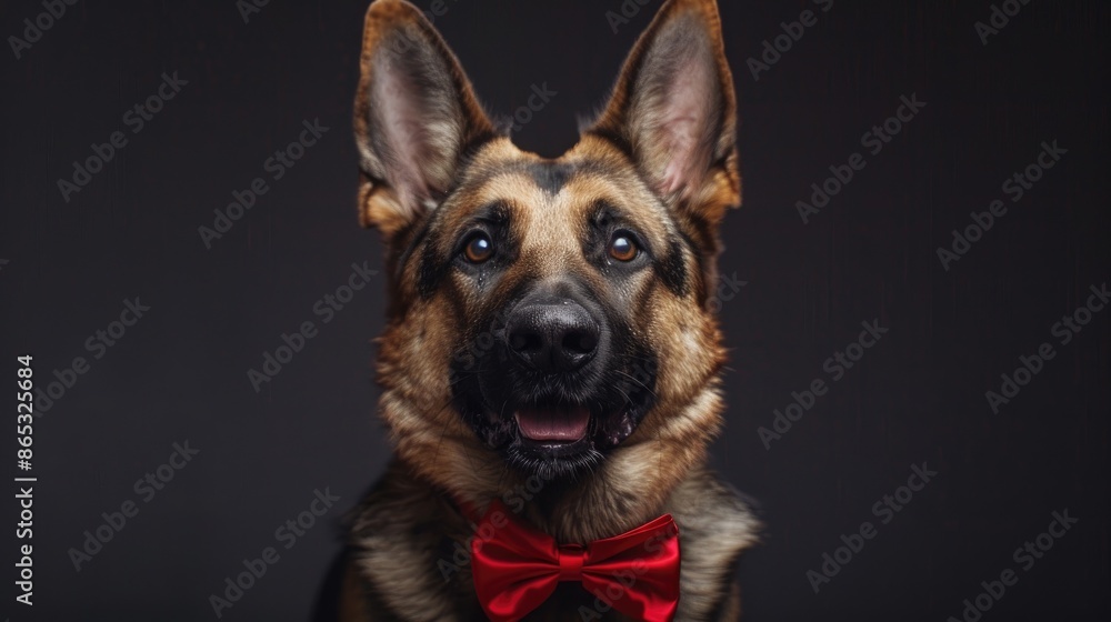 Charming German Shepherd wearing a red bow tie in a studio close up portrait against a dark background resembling a human Simplistic pet themed greeting card Charming German Shepherd wearing a red bow tie in a studio close up portrait against a dark background resembling a human Simplistic pet themed greeting card