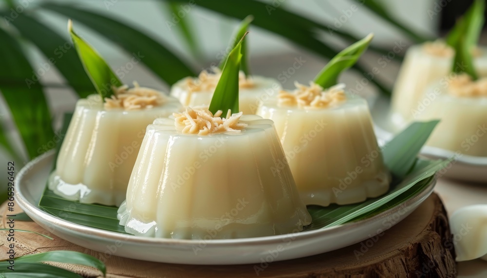 Selective focus of Javanese pudding made from jelly coconut milk and palm sugar served with pandan leaves Resembling noise Selective focus of Javanese pudding made from jelly coconut milk and palm sugar served with pandan leaves Resembling noise