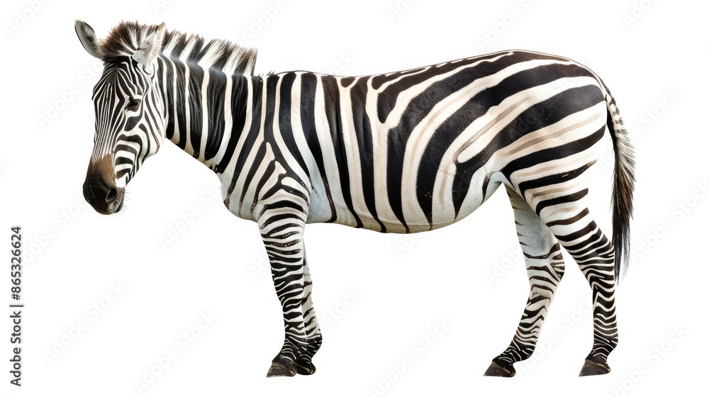 Fototapeta premium Beautiful zebra isolated on a clean white backdrop, its bold stripes creating a captivating contrast against the serene background