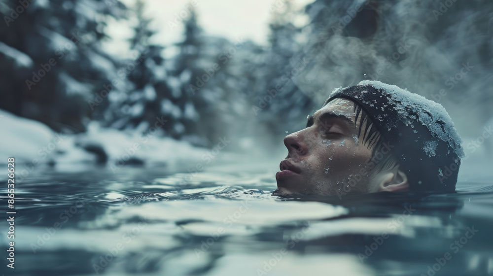 Fototapeta premium Man enjoying winter swimming in a steamy natural hot spring surrounded by snow-covered trees