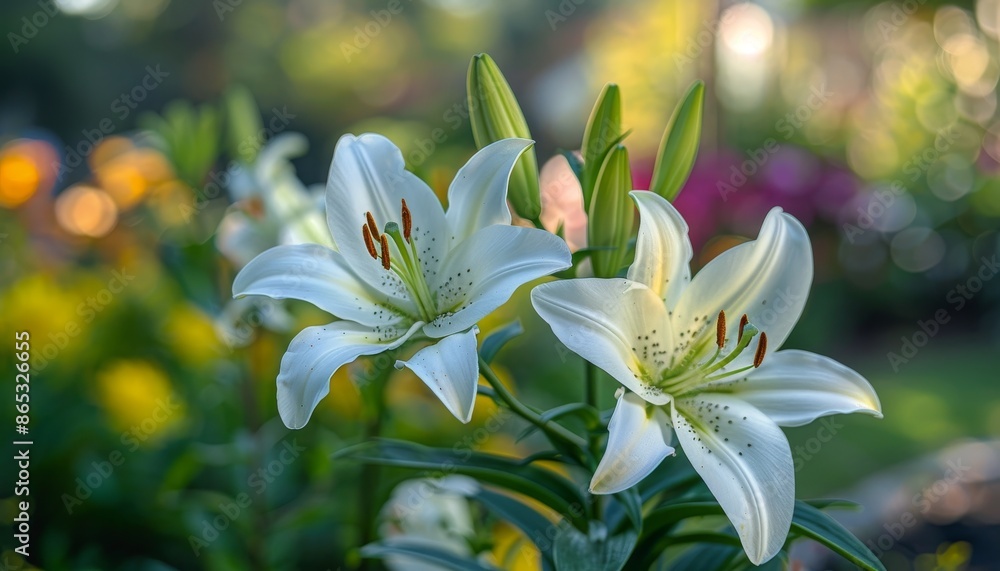 Shallow DOF captures White Lily blossoms in a garden Shallow DOF captures White Lily blossoms in a garden