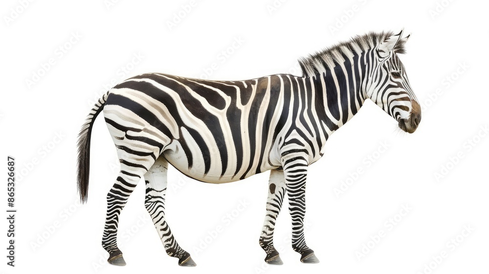 Beautiful zebra isolated on a clean white backdrop, its bold stripes creating a captivating contrast against the serene background Beautiful zebra isolated on a clean white backdrop, its bold stripes creating a captivating contrast against the serene background