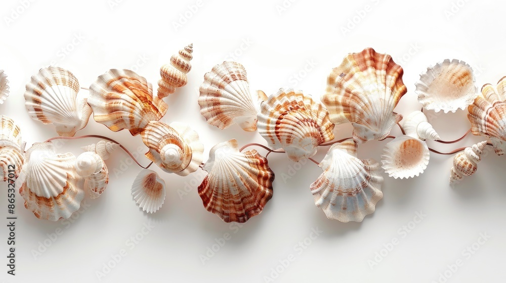 A line of seashells in various shapes and sizes, arranged on a white background A line of seashells in various shapes and sizes, arranged on a white background