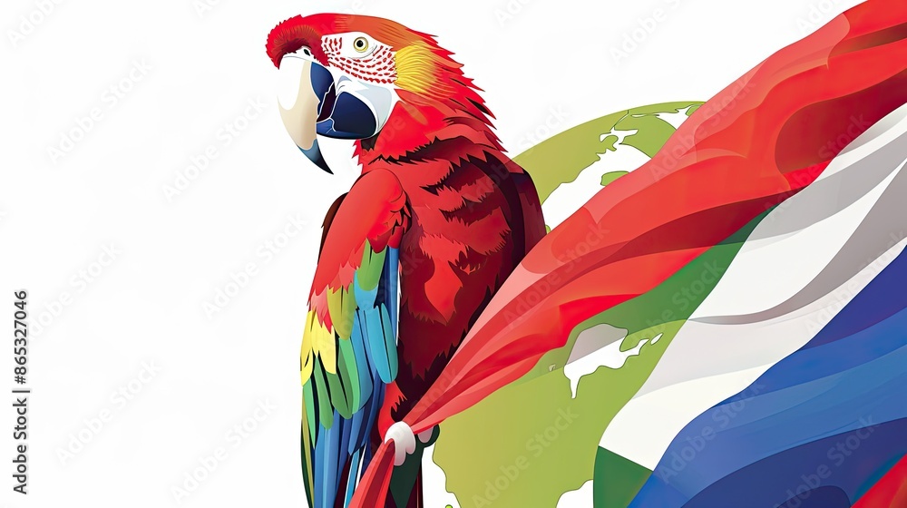 Fototapeta premium A scarlet macaw parrot is standing on a globe with a red, white and blue flag