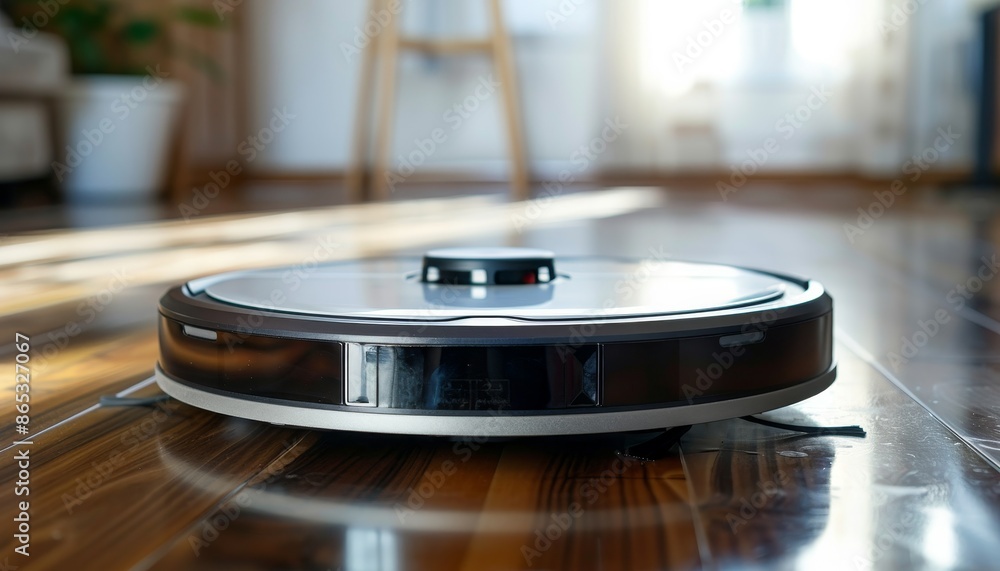 Smart cleaning technology enables the robot vacuum cleaner to charge on the base station in a clean room while it operates on the laminate wood floor Smart cleaning technology enables the robot vacuum cleaner to charge on the base station in a clean room while it operates on the laminate wood floor