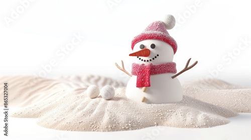A snowman with a red hat and scarf standing in a pile of snow with two snowballs in front of him photo