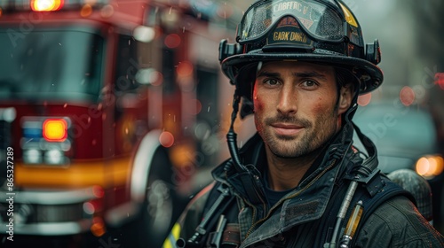 A Firefighter in full gear Standing proudly in front of a fire truck celebrate labor day and the bravery of first responders.