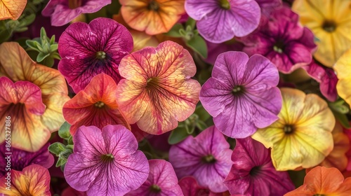 Captivating close-up of Petunia Wave Sweetheart blooms, their colorful petals radiating with energy and vitality © Lcs