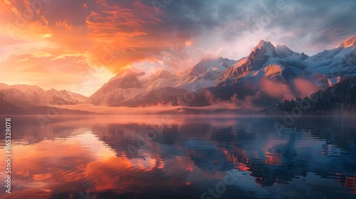 Majestic mountains at dawn, with orange and pink hues painting the sky. The panorama includes a clear view of the mountain range on the right, contrasting with the soft morning light.