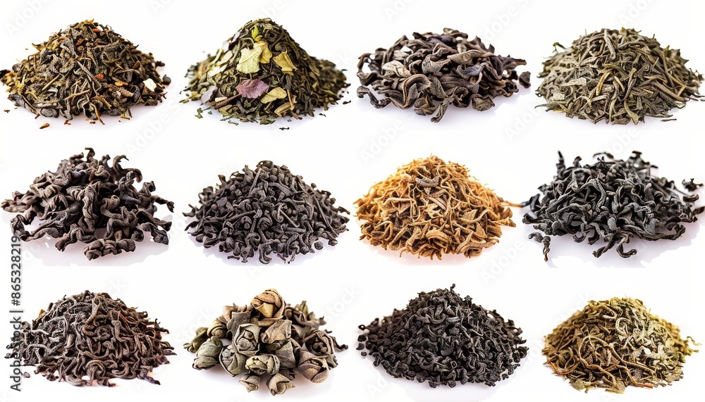 Fototapeta premium Ten famous Chinese green teas isolated on a white background