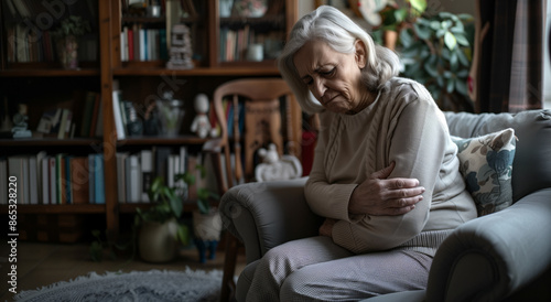 An older woman with gray hair sits in a gray armchair, holding her arm, in pain, she is uncomfortable, in a cozy living room with bookshelves and plants in the background. © SnapVault