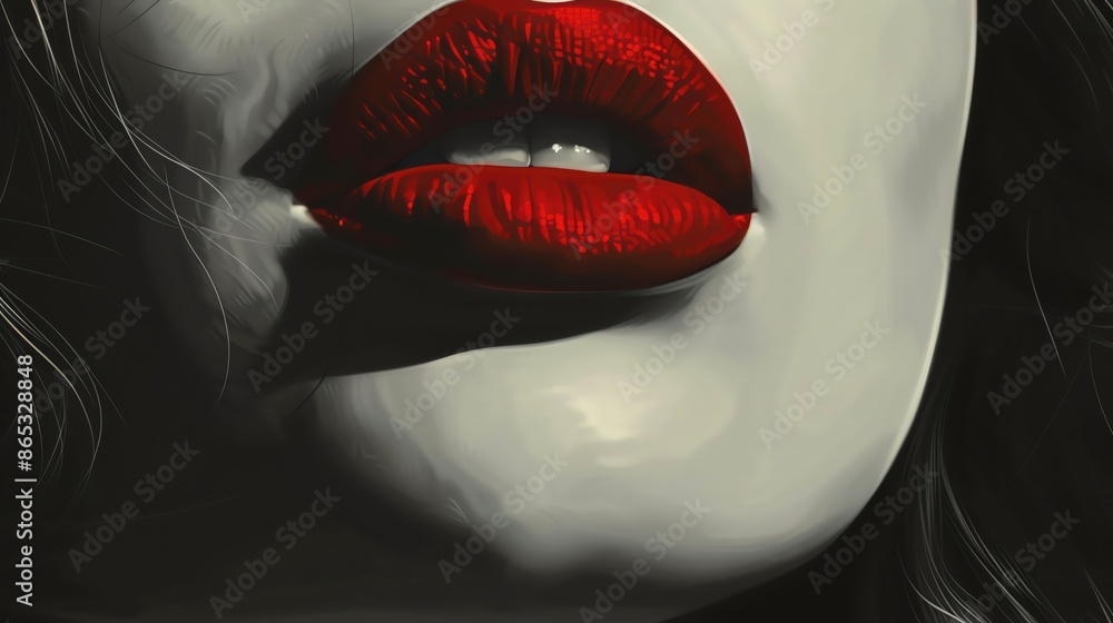 Close-up of a woman's lips painted in bold red lipstick, evoking sensuality and elegance in high contrast against a monochrome background.