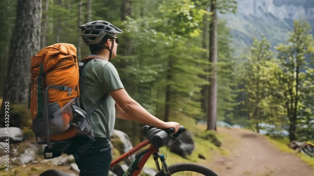 Man riding a bicycle in forest, mountain view Man riding a bicycle in forest, mountain view