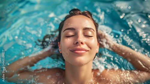 Young happy woman relaxing with eyes closed in swimming pool