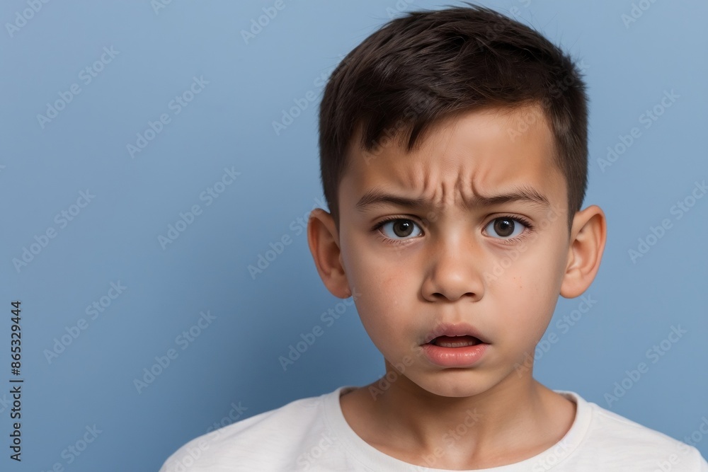Young boy with angry or dissatisfied face standing against a blue background with copy space.