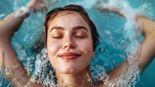 Young happy woman relaxing with eyes closed in swimming pool © Nijat