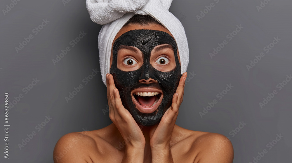 Excited woman with black clay face mask. Excited woman with black clay face mask.