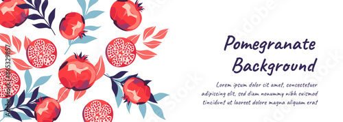 Fruit horizontal web sale banner. Abstract pomegranates on elegant decorative background. Vector illustration for header website, card or coupon, price tags
