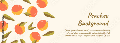 Fruit horizontal web sale banner. Abstract peaches on elegant decorative background. Vector illustration for header website, card or coupon, price tags