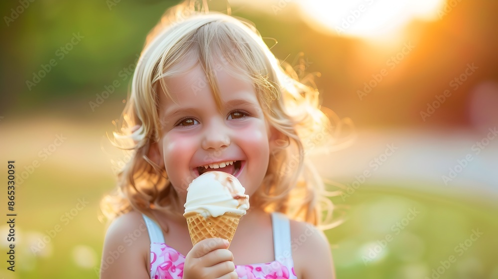 Cheerful Child Enjoying an Ice Cream Cone in a Vibrant Outdoor Setting Cheerful Child Enjoying an Ice Cream Cone in a Vibrant Outdoor Setting