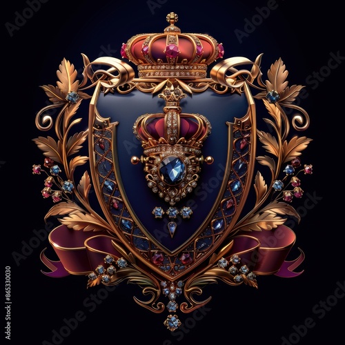 Luxurious Royal Crest with Golden Crown and Jewels on Dark Background