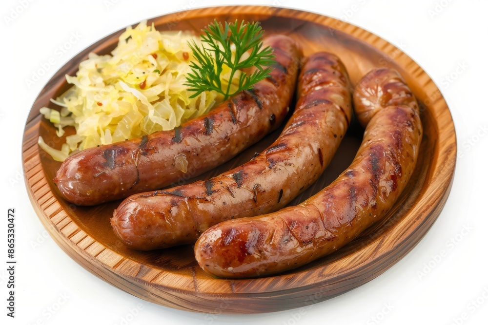 Plate of Grilled Sausages and Sauerkraut Isolated on a white Background Plate of Grilled Sausages and Sauerkraut Isolated on a white Background