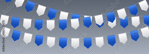Bunting flags, carnival party flags, white and blue festive pennants hanging on a rope. Festival vector decoration.