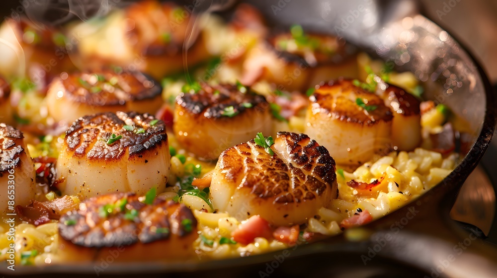 Plump, juicy scallops seared to a golden-brown crust, nestled atop a bed of creamy risotto infused with saffron and a splash of white wine, in a cast iron skillet over a gentle flame. Plump, juicy scallops seared to a golden-brown crust, nestled atop a bed of creamy risotto infused with saffron and a splash of white wine, in a cast iron skillet over a gentle flame.
