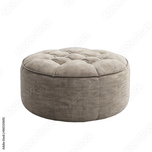 Round beige fabric pouf with buttons isolated on transparent background