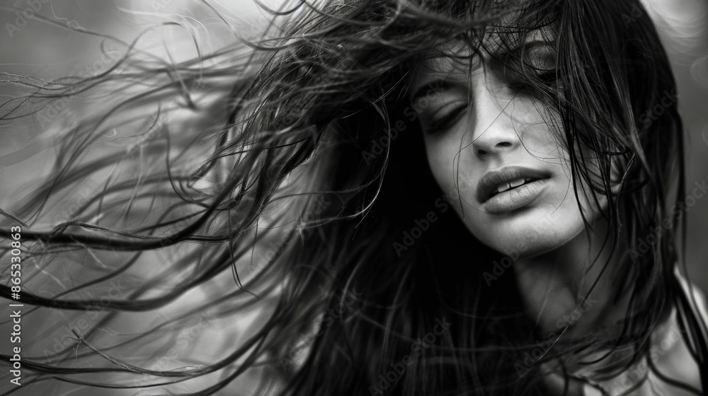 Despite the wind whipping through her long hair a woman maintains a calm and serene expression as if at peace with the tumultuous world around her. Black and white art Despite the wind whipping through her long hair a woman maintains a calm and serene expression as if at peace with the tumultuous world around her. Black and white art