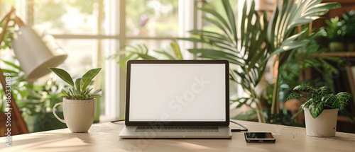 Wallpaper Mural A mockup of a blank empty closed laptop on a table in a living room, with a white screen, a cup of coffee and a smartphone beside the notebook Torontodigital.ca