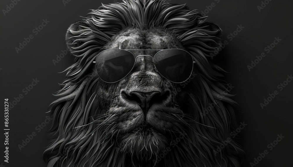 A striking monochrome image of a lion wearing sunglasses, exuding confidence and power against a dark background. Perfect for modern decor. A striking monochrome image of a lion wearing sunglasses, exuding confidence and power against a dark background. Perfect for modern decor.