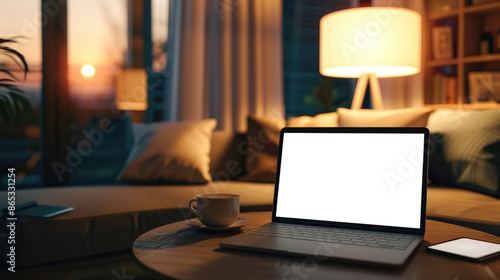 Wallpaper Mural A mockup of a blank empty closed laptop on a table in a living room, with a white screen, a cup of coffee and a smartphone beside the notebook Torontodigital.ca