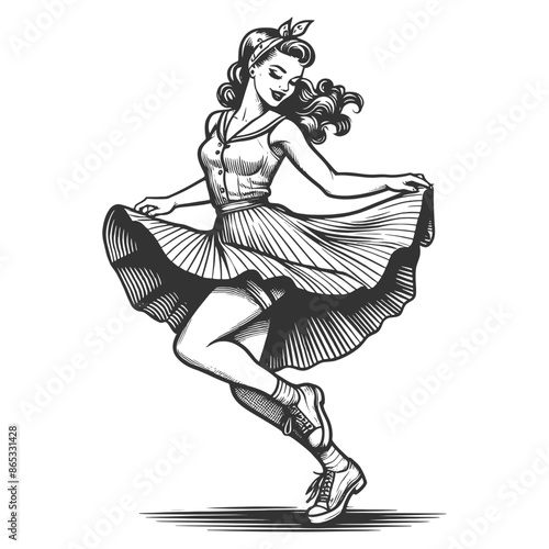 pin-up woman dancing in a dress, capturing retro style and joyful movement sketch engraving generative ai fictional character vector illustration. Scratch board imitation. Black and white image.